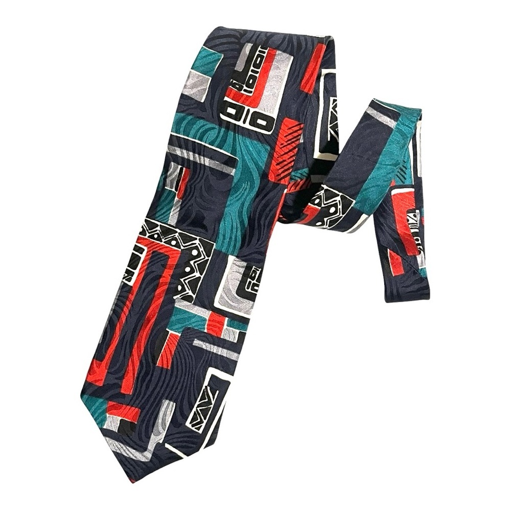 Vintage Oscar de la Renta imported silk moire designer tie red navy teal silver.